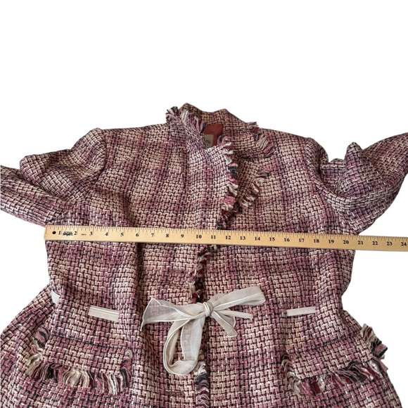 Pamela McCoy Tweed Skirt Suit Set Blazer Pencil Skirt Fringe Ribbon Trim Size M - Picture 4 of 15